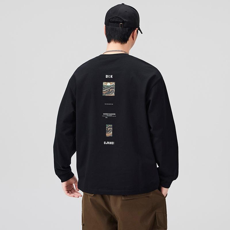 Men Black Printed Round Neck Long Sleeve Loose Casual Cotton T Shirt
