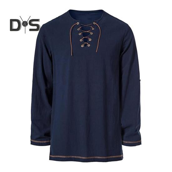 

Мужская винтажная футболка на шнуровке с длинным рукавом и воротником Генри, однотонная футболка на весну и осень для повседневной носки, выступлений и косплея L темно-синий