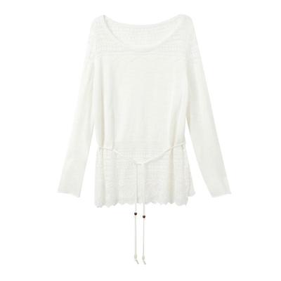Sancai Women's Lyocell Blend Lace-Trim Hollow Knit Sweater