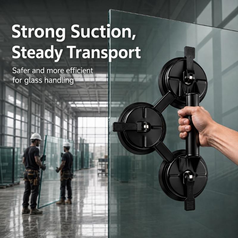 Manual Suction Cup Lifting Tool with Rubber Cups and Raised Handle for Positioning Glass, Tile, and Smooth Metal Sheets