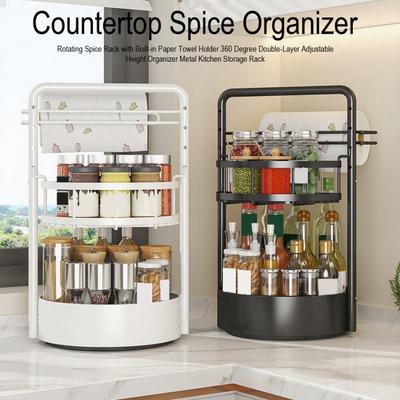 Rotating Spice Rack with Built-in Paper Towel Holder 360 Degree Double-Layer Adjustable Height Organizer Metal Kitchen Storage Rack