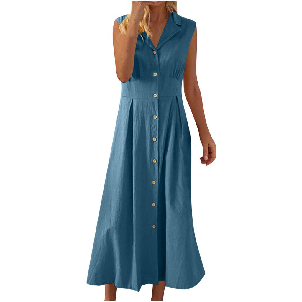 Cotton and linen dress, new suit collar, solid color button cotton and linen dress, dress.