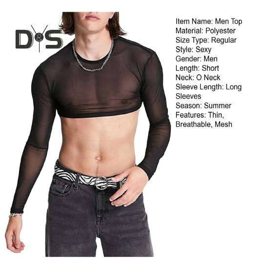 Herren Club Top Durchsichtiges Mesh Ultradünnes Elastisches Langarm O-Ausschnitt Skinny Taillenbelichtung Nachtclub Performance Party Crop Top