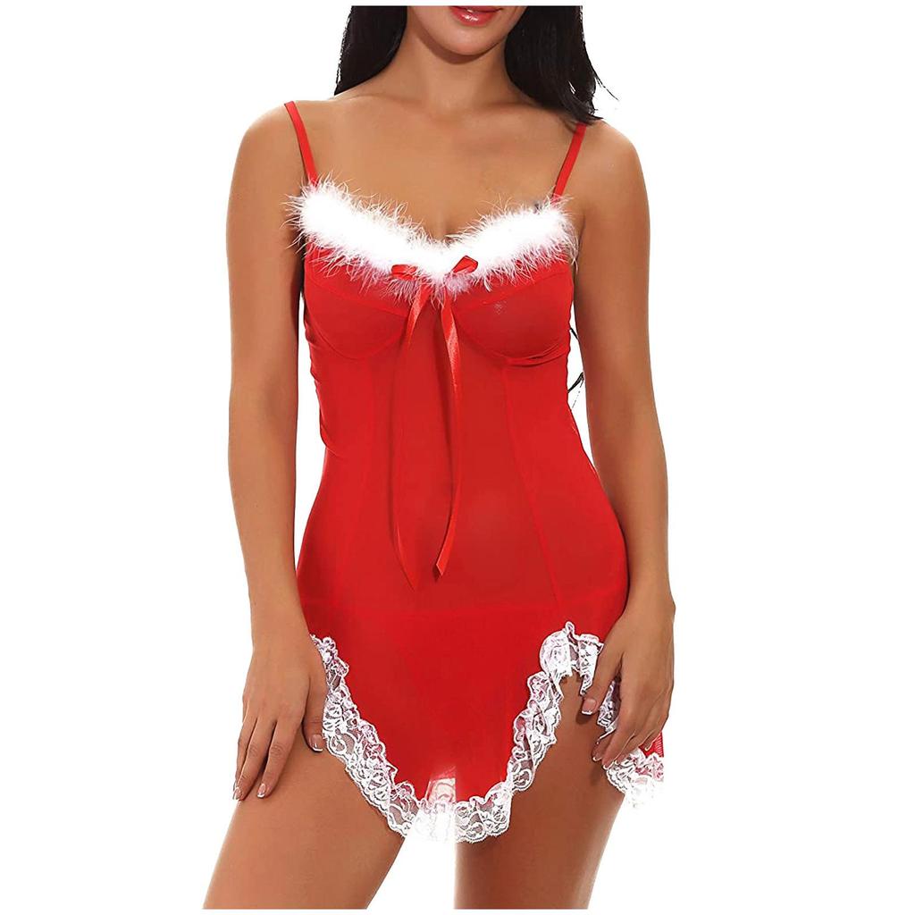 Sexy Damen-Spitzen-Nachthemd mit Wellensaum und Bindeband – Weihnachtskollektion