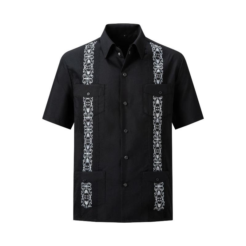 Camicia da uomo a maniche corte con bottoni, a righe Guayabella ricamate, quattro tasche, Dachen