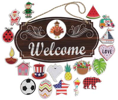 Welcome Sign Front Door Decorations Hanging Rustic Wood Seasonal Holiday Ornaments Housewarming GiftWall Hanging 15.5" Inches
