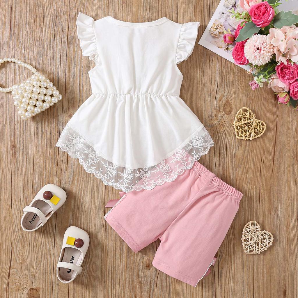 Baby Mädchen Bekleidungsset 0-2 Jahre Kurzarm Oberteile und Shorts Kleinkind Mädchen Spitze Patchwork Outfit Frühling Sommer Tägliche Kleidung für 0-24M