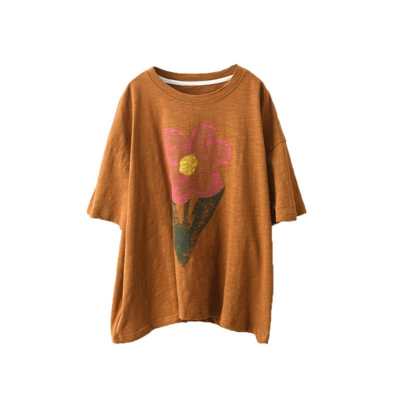 DIMANAF 2025 Summer Cotton T-shirt Women Flower Printing Short Sleeve Loose Green Blue T-shirt