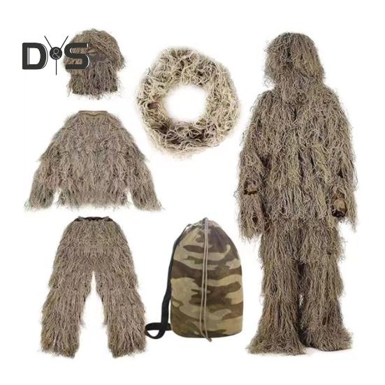 5Pcs/Set Ghillie Suit with Jacket Pants Hood Garland Carry Bag 3D Camouflage Hunting Apparel Youth Adults Woodland Clothes