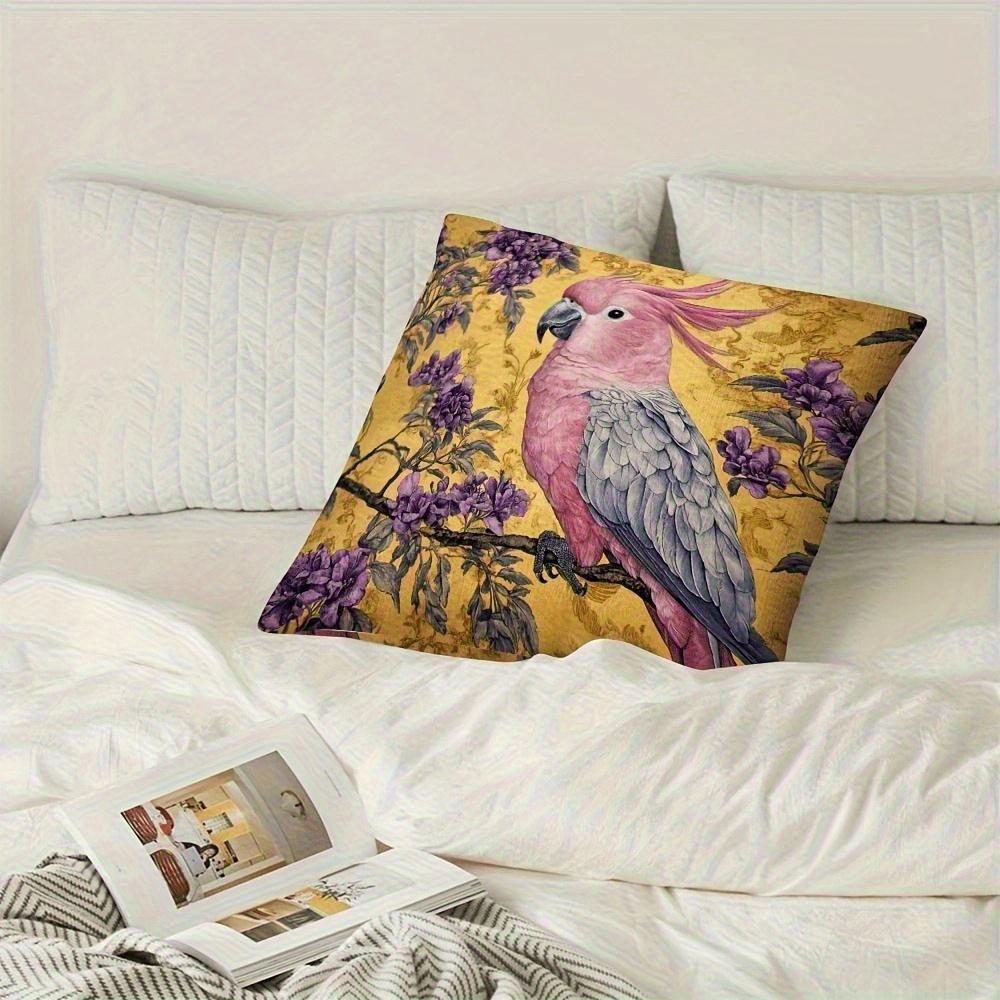 2D Flat- Vintage Pink Cockatoo And Purple Floral Throw Pillow Cover Decorative Square Cushion Case For Home Bedroom Living Room