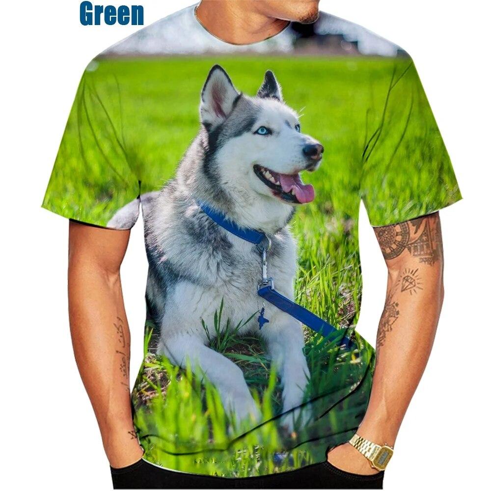 Summer Round Neck 3D Husky Print Top Fashionable Casual Loose Short Sleeved Men's T-shirts