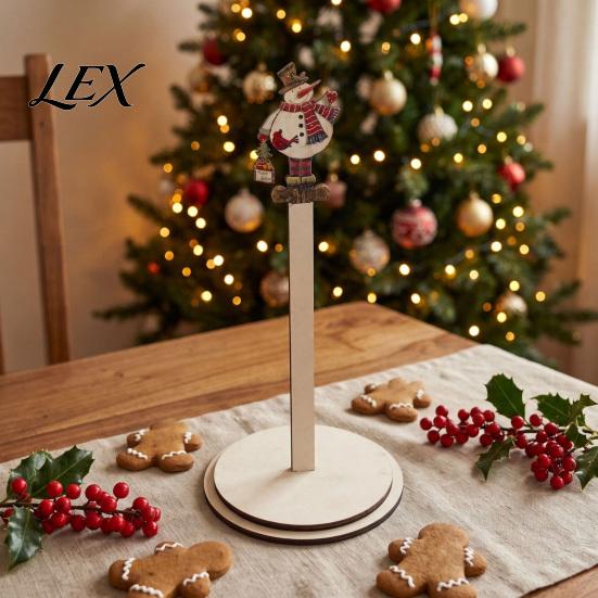 Wooden Paper Towel Dispenser Christmas Holder, 2D Roll with Snowman Kitchen Holiday Ornament Santa Patterns, Decorative Tissue Stand for Dining Table