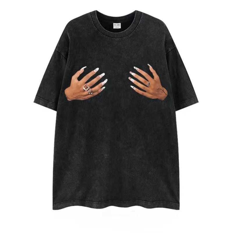 

Fashion Trendy Heavy Weight 260G Hip Hop Dark Hiphop Finger Washed Distressed Retro Pure Cotton Short Sleeve T-Shirt Women R01 old black [230 grams] drop shoulder L