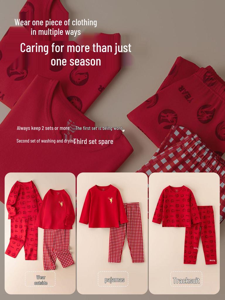 Children's Year of the Dragon Red Cotton Base Layer Set - Autumn/Winter Pajamas for Boys and Girls