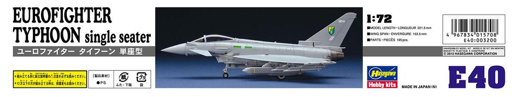 Hasegawa Scale Royal Air Force Eurofighter Typhoon Plastic Model E40 1/72 Single-seat