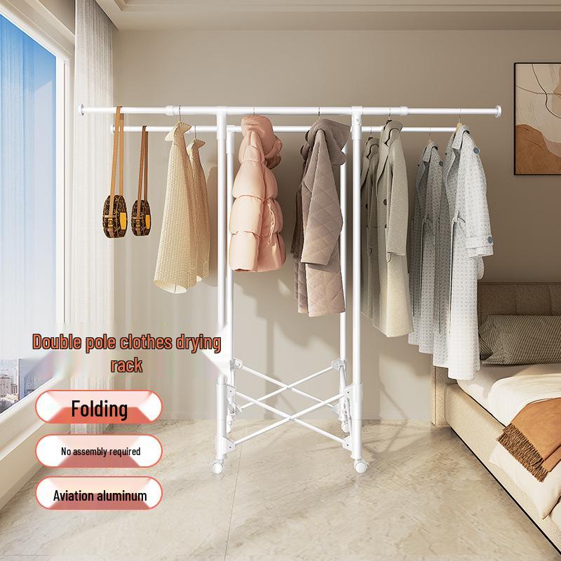 Retractable Indoor Folding Clothes Rack - Floor Standing, Movable Drying Hanger for Bedroom or Balcony Ivory White Single Rod Adjustable