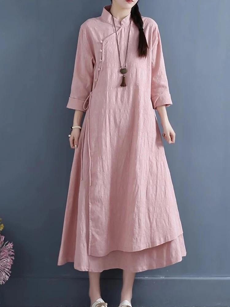 Spring Womens Dresses Vestidos Robe Elbise Loose Plus Size Cotton Linen Double Layer Long Dress