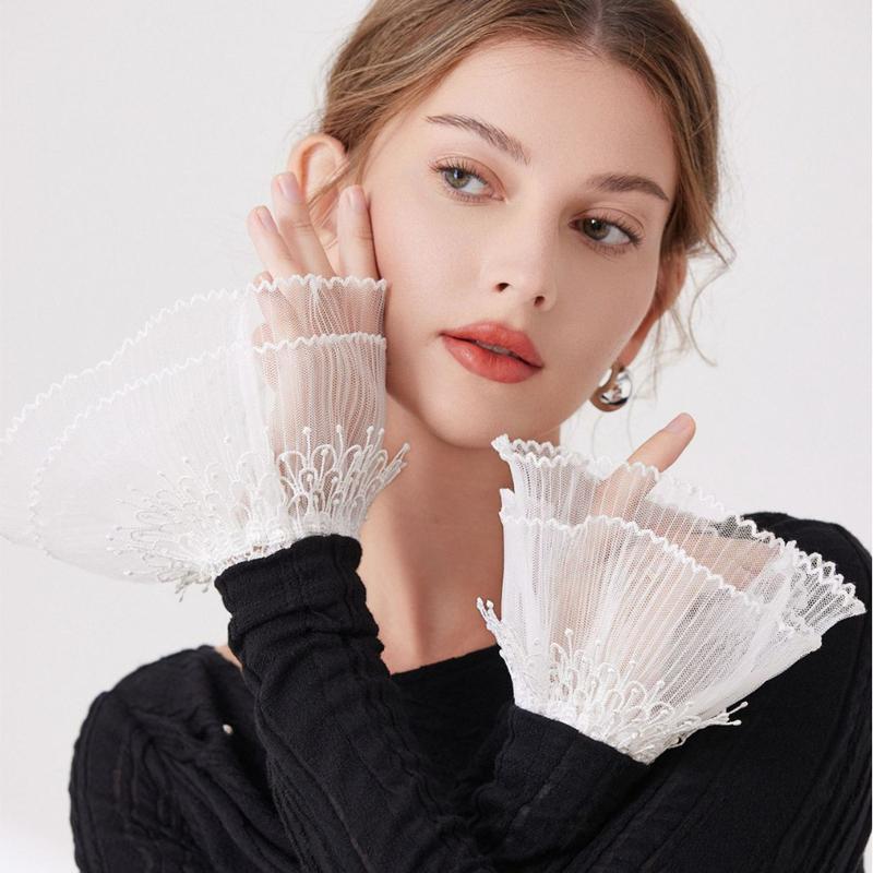 White Tull Elastic Short Fake Flared Sleeves Double Layer Ruffle Lace Detachable Cuffs Sweater Decorative Accessories