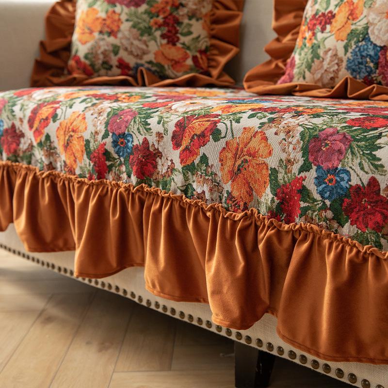 American Sofa Cover Cushion Living Room Sofa Cushion Four Seasons General Non-slip Retro Flower Jacquard Embroidery Sofa Cover