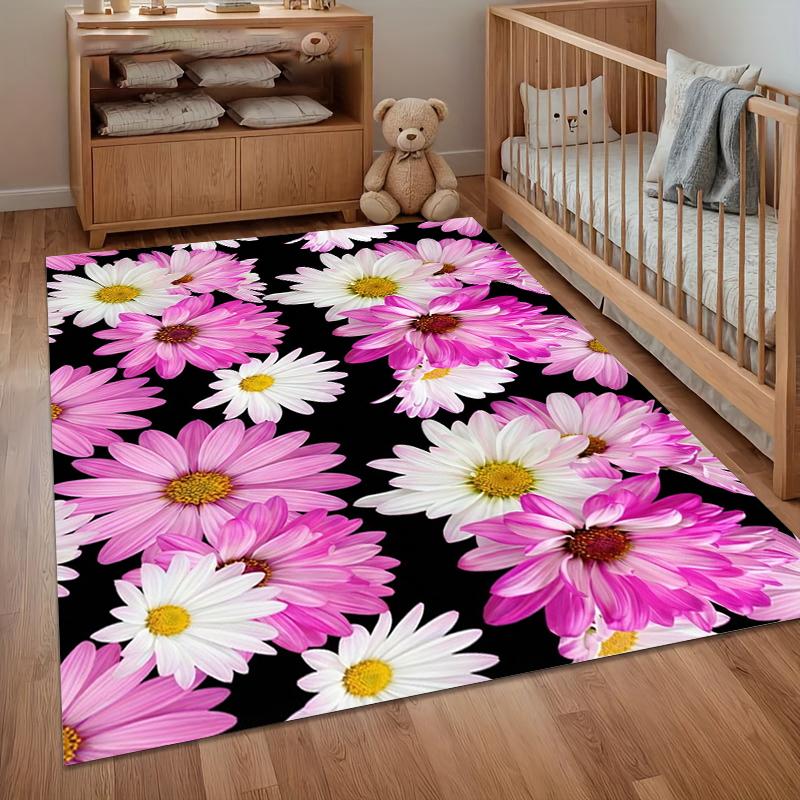 Fresh Floral Daisy Print Rug Spring Floral Pink White Daisy Non Slip Washable Carpet Doormat for Entryway Living Room Garden