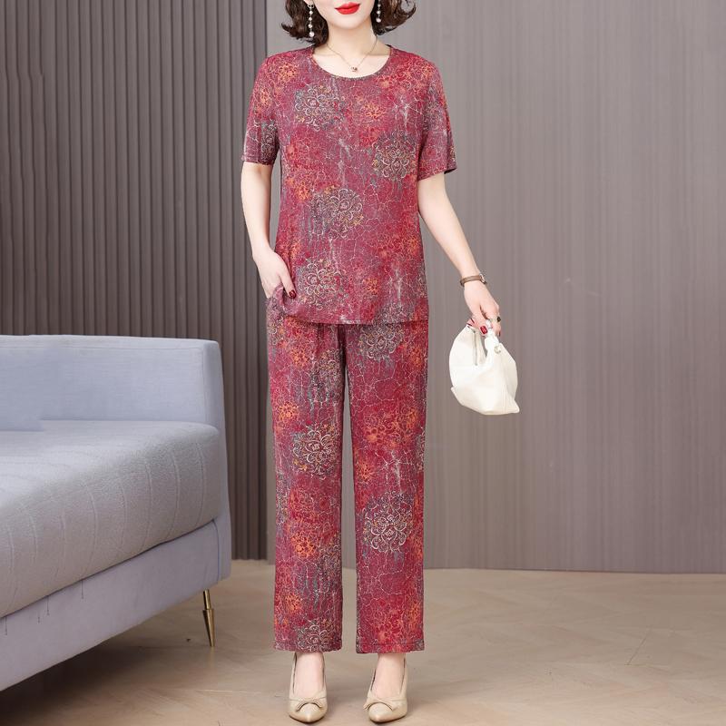 Plus Size Elegant 2 Piece Sets Womens Outfits Summer Vintage Print Wide Legs Trouser Sets