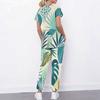 Women Plus Size Tropical Leaf Print Scrub Set Cutout Neck Short Sleeve Top With Pockets Long Pants