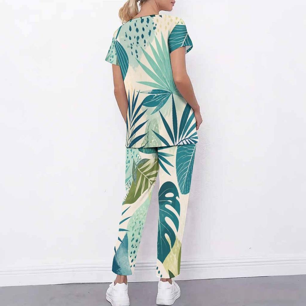Women Plus Size Tropical Leaf Print Scrub Set Cutout Neck Short Sleeve Top With Pockets Long Pants