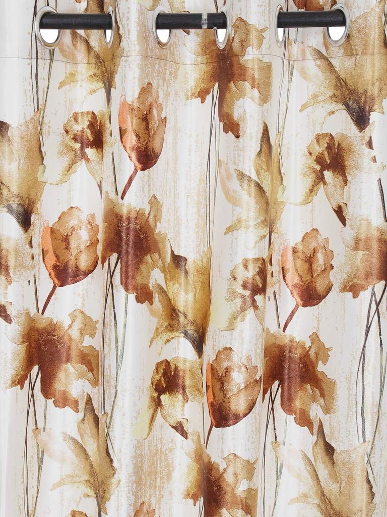 Home Sizzler 2 Pieces Abstract Flower Eyelet Polyester Semi- Transparent Door Curtains, Brown