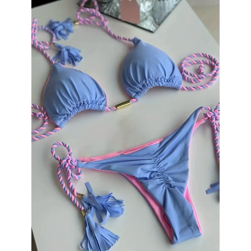 Halter Neck Tie Side Solid Color Bikini Sets, Two Piece Swimsuit for Women CLE S синий