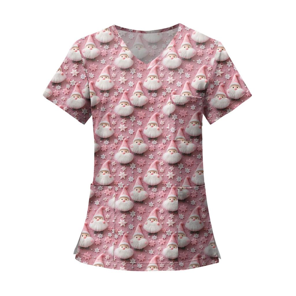 Women's Fashion Printed Short Sleeve V Neck Pattern Tops Pocket Working T-shirts