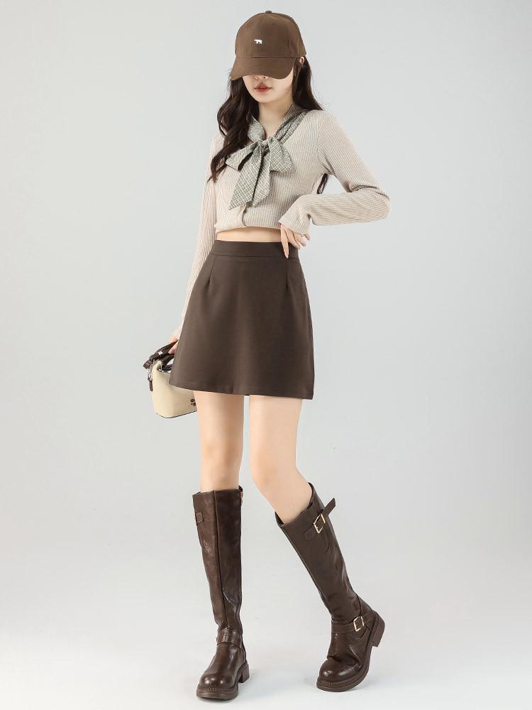 Grauer Halb-A-Linien-Rock aus Wollmischung: Damen Herbst/Winter High-Waist Schlankmachender Hüftbetonter Kurzer Rock