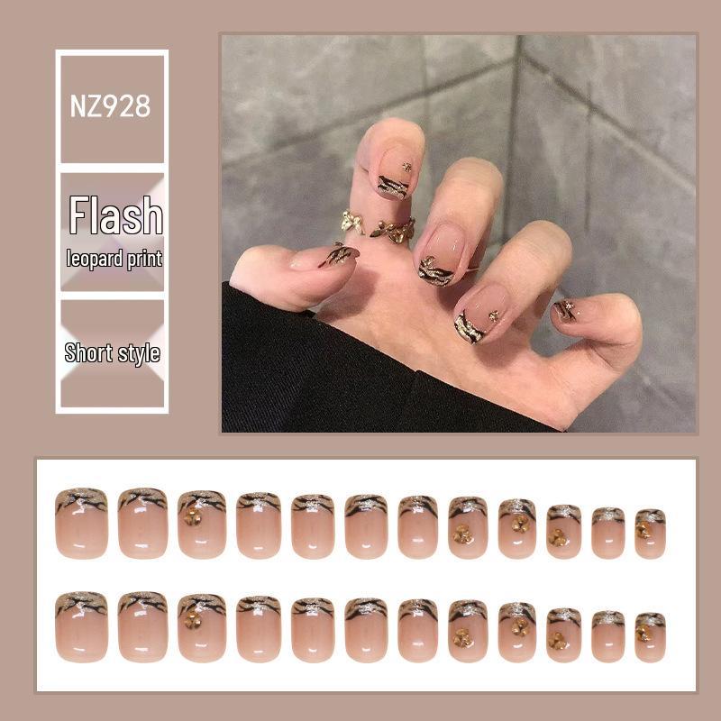

Короткие накладные ногти с леопардовым принтом и блестками, френч, со стразами - Съемный фейк-нейл-арт одного размера