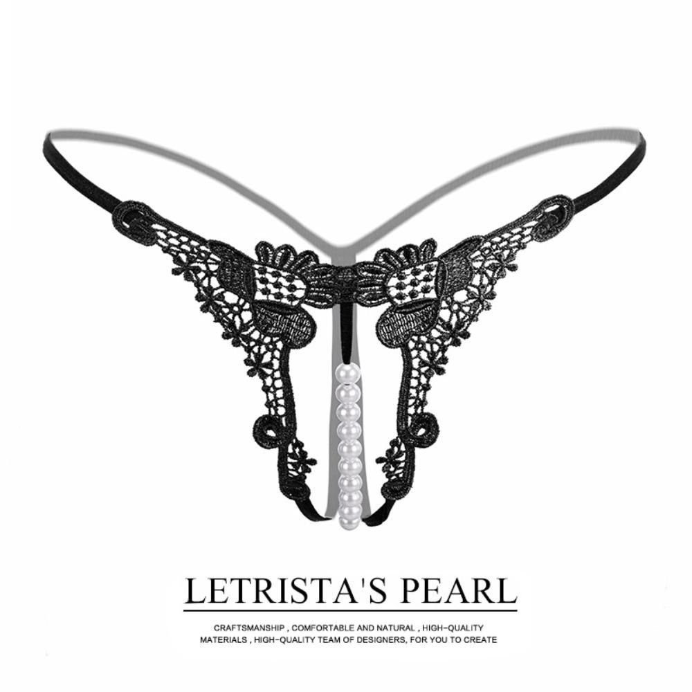 Stylish Transparent Embroidered Sexy Women's Panties Hollow Pearl Massage Open Crotch T Pants Low Waist Thong 2200