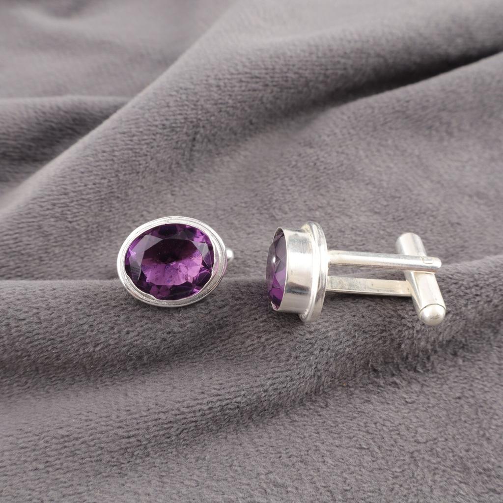 Amethyst Gemstone 925 Sterling Silver Handcrafted Men's Jewelry Cufflinks 0.59" CL-2-12