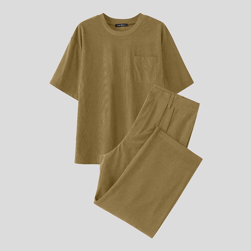 

INCERUN Two Pieces Outfits Men Lapel Neck Corduroy Short Sleeve T-Shirt Long Harem Pants Sets 5XL хаки