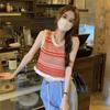 Hot Girl Sleeveless Striped T-shirt for Women Summer Vintage Tassel Knit Vest Short Cut Hollow Top for Outdoor Wear
