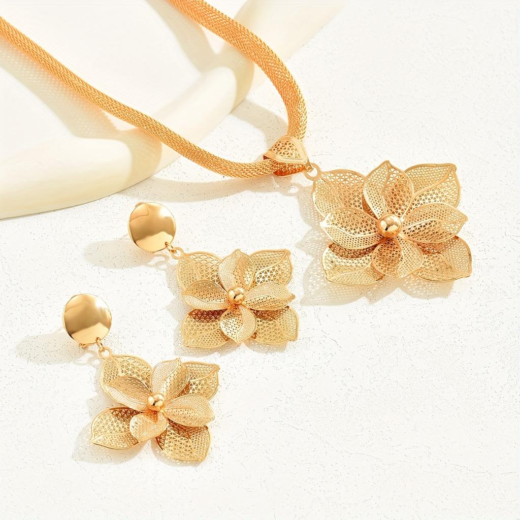 3pcs Earrings Plus Necklace Dupes Luxury Jewelry Set Trendy Flower Design Plated Match Daily Outfits Party Accessories