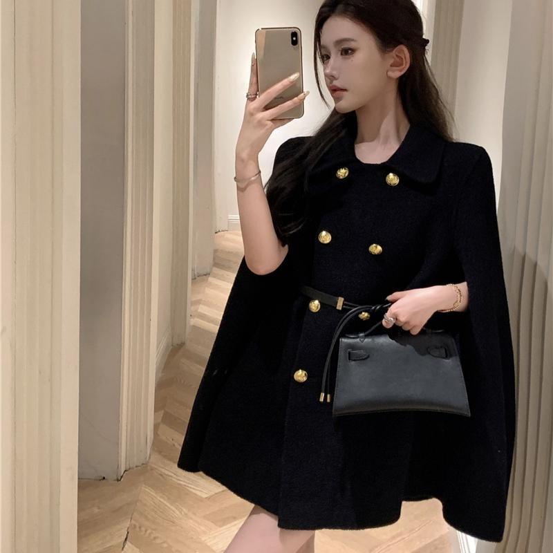 

Осень-зима Женское роскошное шерстяное двубортное пальто-накидка с поясом One Size чёрный