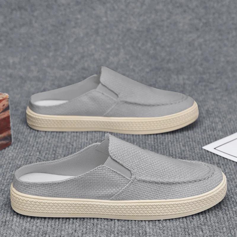 Men's Slippers Summer New Breathable Casual Shoes Outdoor Lightweight Non Slip Slippers Fashionable Canvas Half Slippers