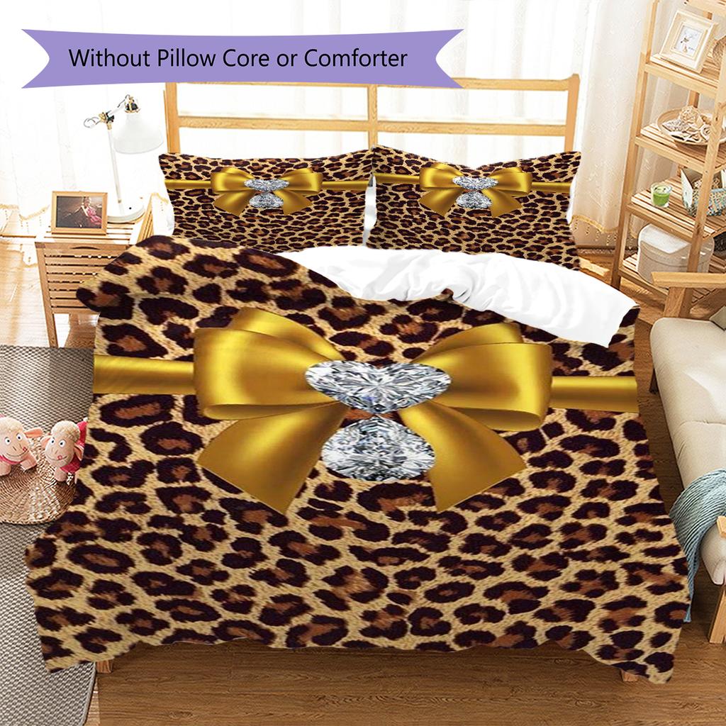 Leopard Bow Pattern Bedding Quilt Set Quilt Cover Pillowcase Home Decoration Gift (1 * duvet cover + 2 * pillowcase, without core)