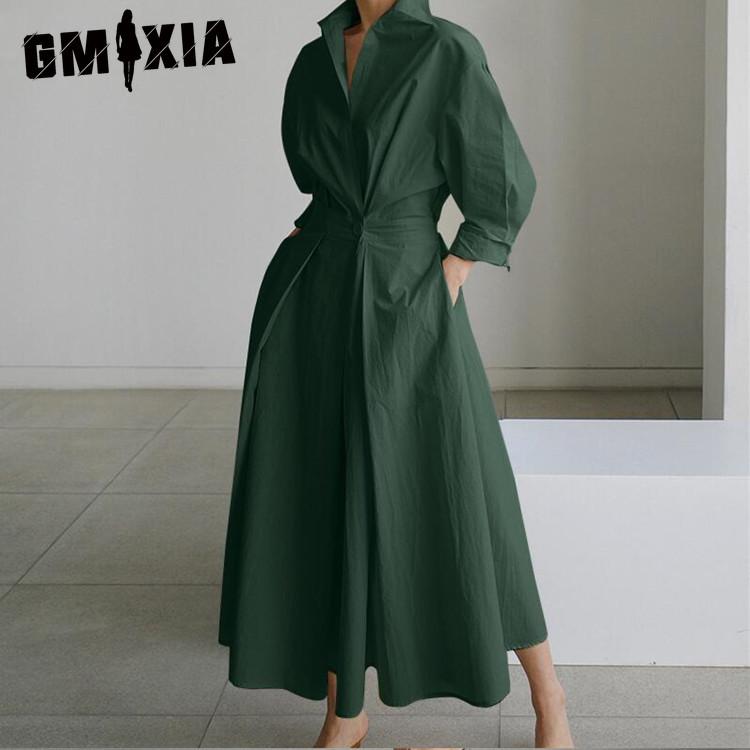 

GMXIA Women Casual Loose Long Dress Turn-down Collar Long Sleeve M зелений