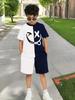 Boys 2Pcs Summer Outfit Smile Face Print Beige Black Color Block Casual Sportswear Kids Streetwear Tracksuit