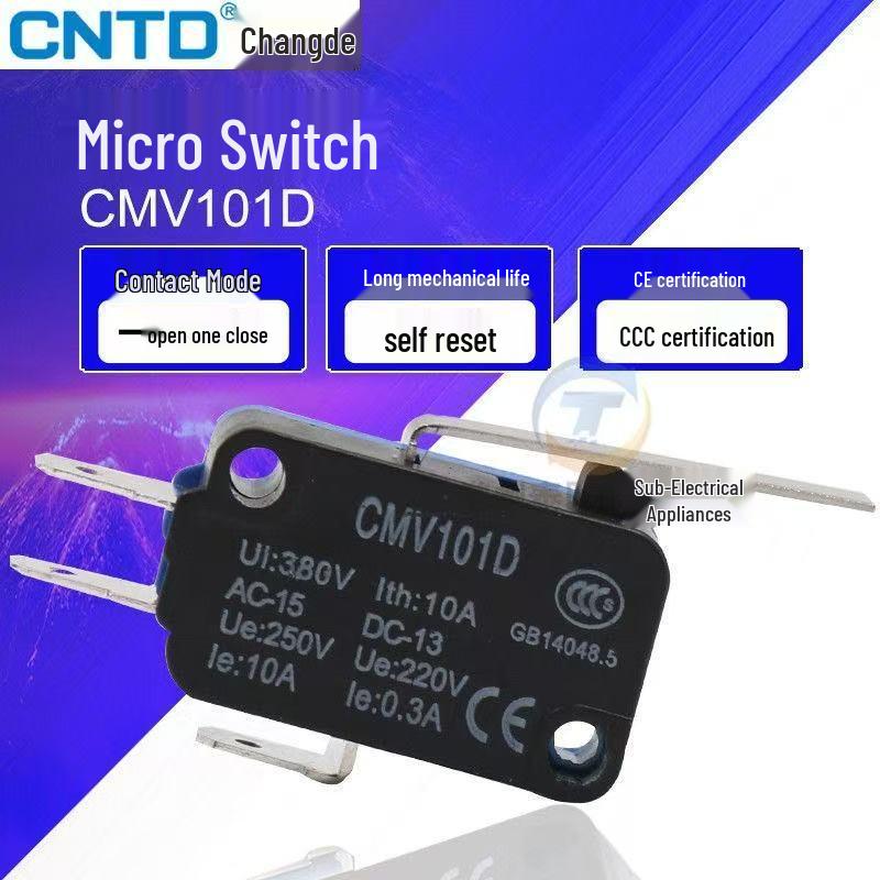 Miniature CMV104D Micro Switch with Short Lever and Roller, Self-Resetting, 1 NO/1 NC.