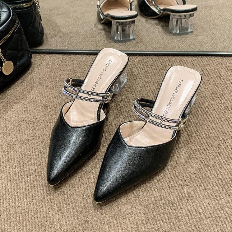 Fashion pointed high heels summer new thick heel solid color rhinestone sandals daily casual lady bag head slippers