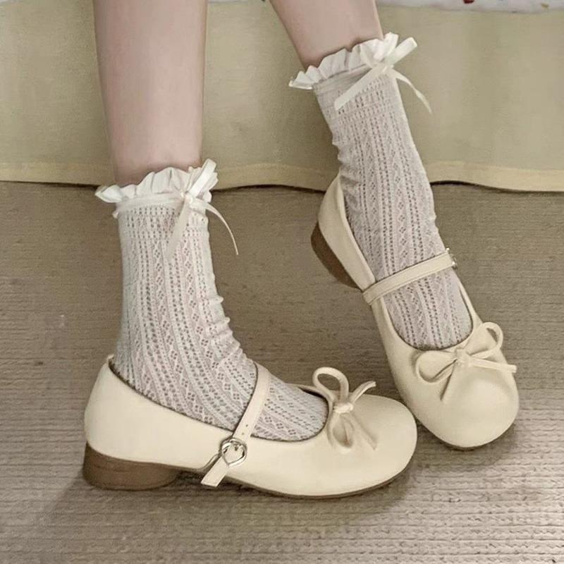 Mary Jane shoes summer new white round head light mouth thick heel with skirt bow cute single shoes