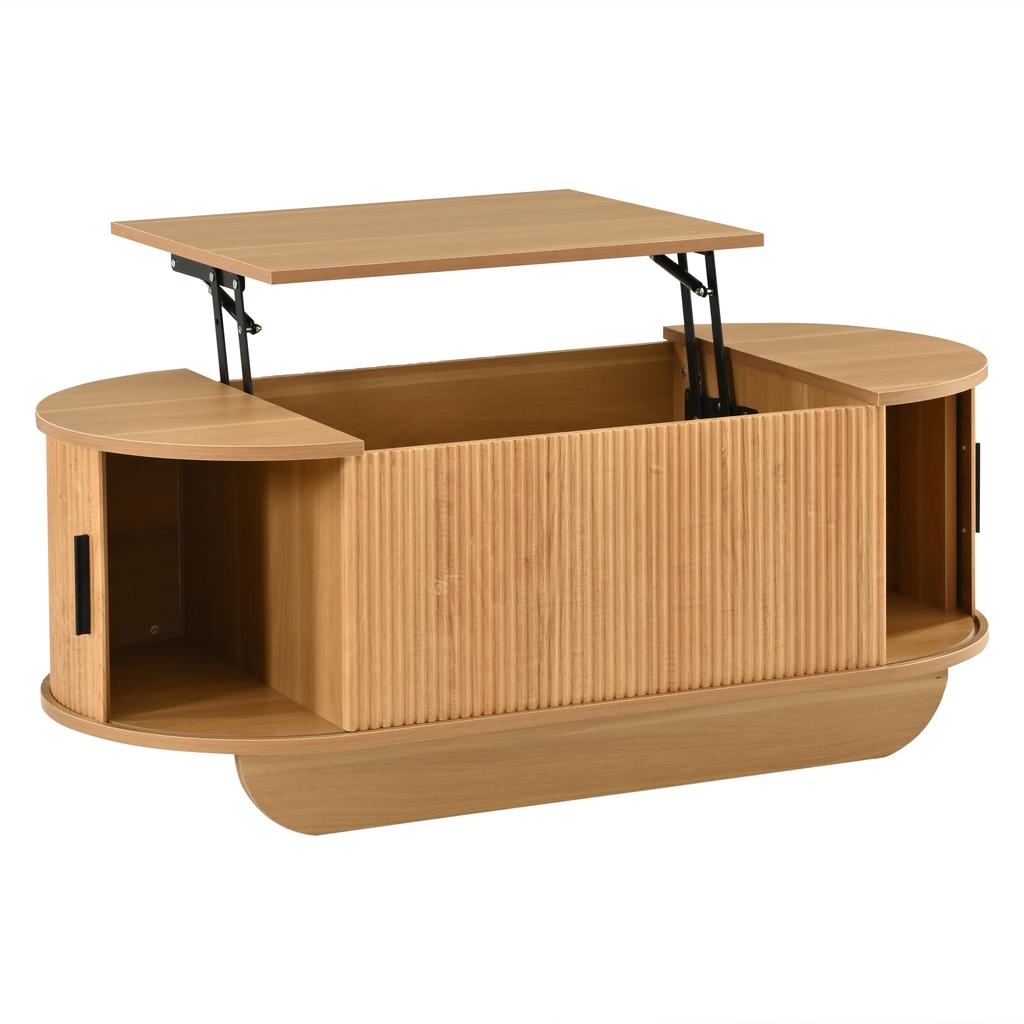 Height-Adjustable Coffee Table 110×50×42cm, up to 55.5 cm, Wood Color, Oval Sofa Table with Roller Shutters, Hydraulic Lifting Mechanism