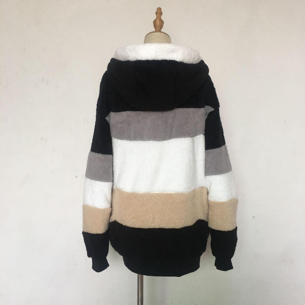 European & American Women's Autumn/Winter 2025 Plush Patchwork Zipper Pocket Hooded Loose Jacket