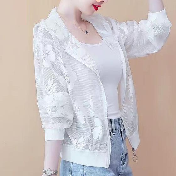 

Женский летний свободный кардиган с длинным рукавом, на молнии, солнцезащитная рубашка, кружевной, тонкий, с капюшоном, короткая солнцезащитная одежда M белый