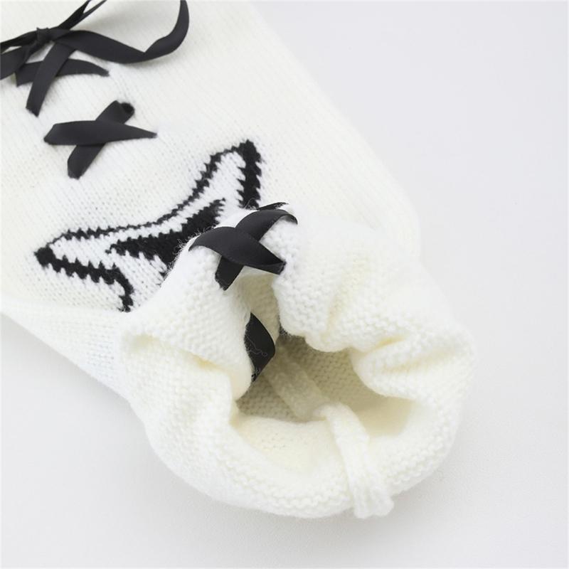 Women's Punk Star Pattern Knitted Leg Warmers with Ribbon Bows Flared Boot Covers Knee Length Socks Japanese Streetwear