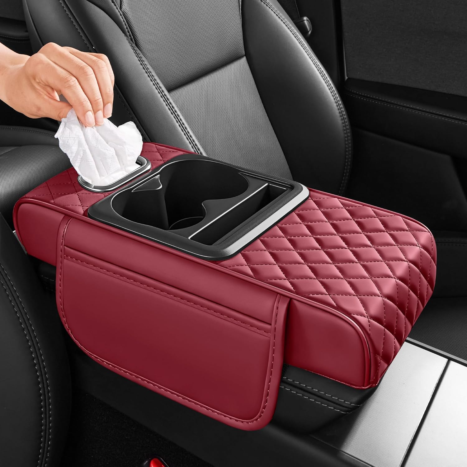 Auto Armsteun Box Hoogte Pad 5-in-1 Multifunctionele Centrale Armsteun Box Pad Tissue Box Opbergtas Bekerhouder Voor De Meeste SUV's Sedans